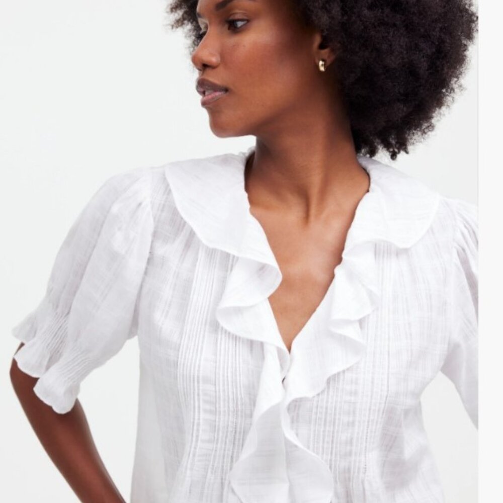 Ruffle Puff-Sleeve Peplum Top in Windowpane